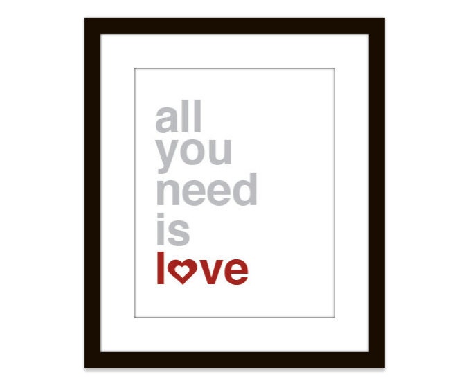 All You Need is Love Digital Print Typography  The Beatles Lyrics Quote Red Heart Modern Home Decor Mothers Day