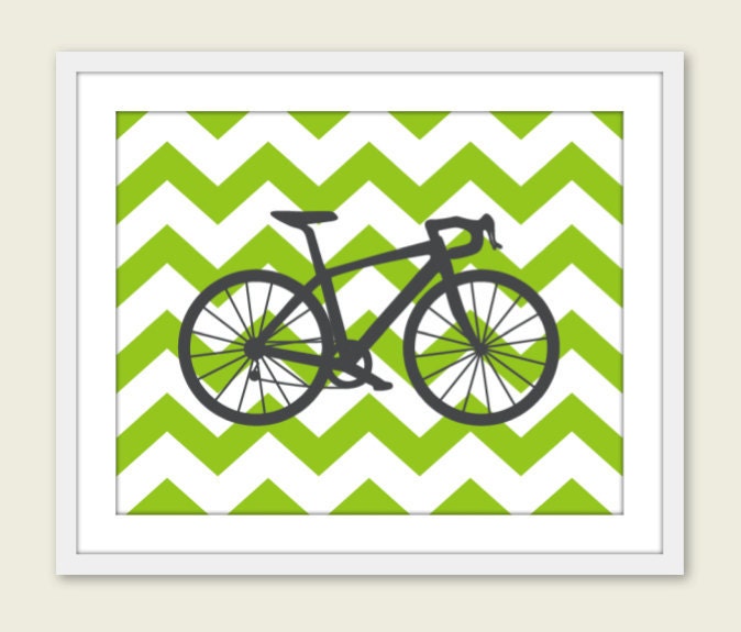 Bike Chevron Nursery Wall Art Print Modern Home Decor  Bicycle Green Chevron - Summer Outdoors  - Under 20