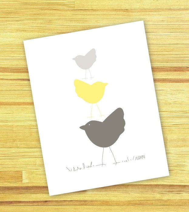 Birds Nursery Art Print Baby Art, Children's Art, Yellow and Grey Taupe - Yellow Melow - Pastel