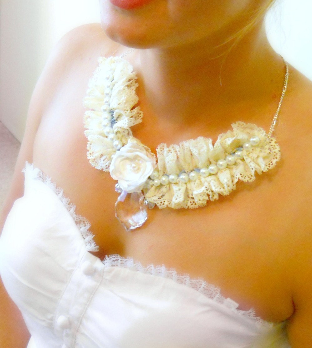Victorian Lace Necklace with Fabric Flower and Pearls - whimsybell
