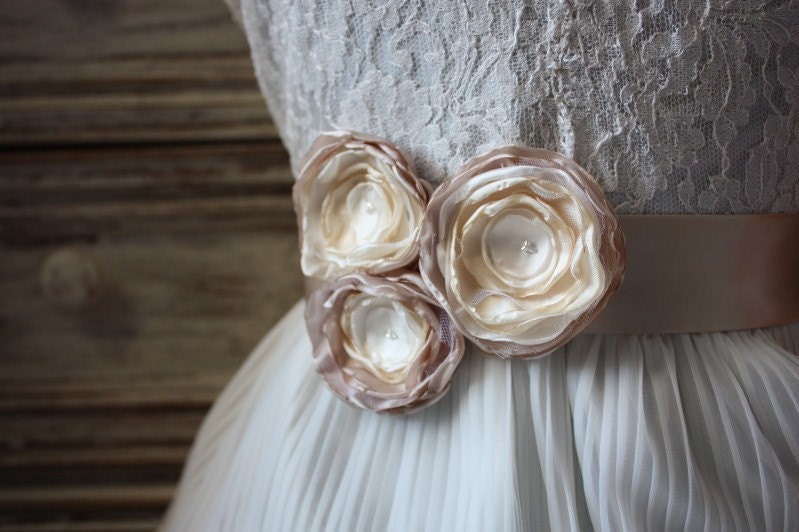 Rose Flower Belt in Caramel Brown, Ivory Brown and Ivory (Sash Style No. 9) Bridesmaid Sash, Bridal Sash