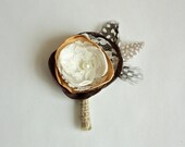 Boutonniere (boutineer) in Brown, Gold and Ivory with Polka Dot Guinea Feathers