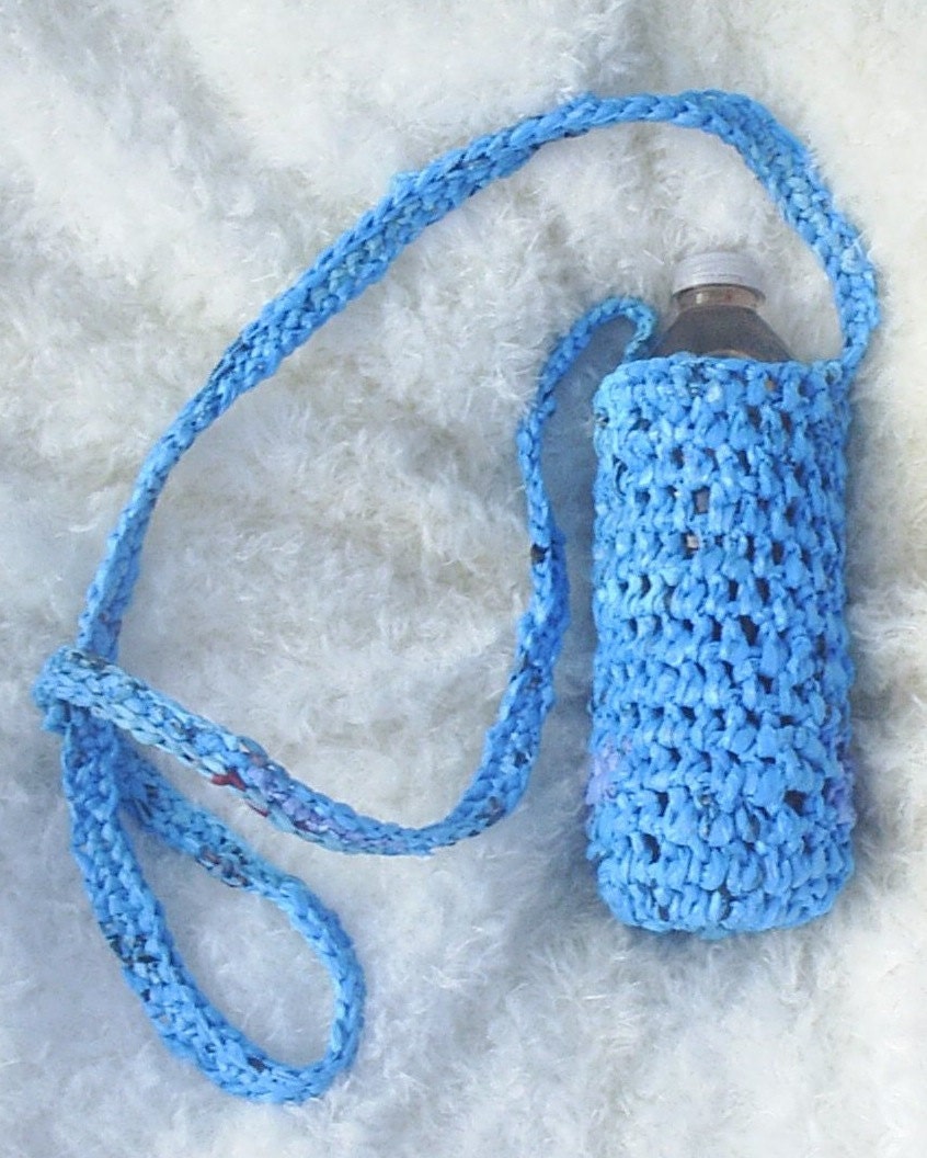 Water bottle holder, reuse crocheted blue plastic bag yarn handmade