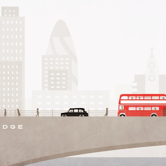 LONDON poster illustration art print LOVE city skyline bridge bus taxi hackney cab