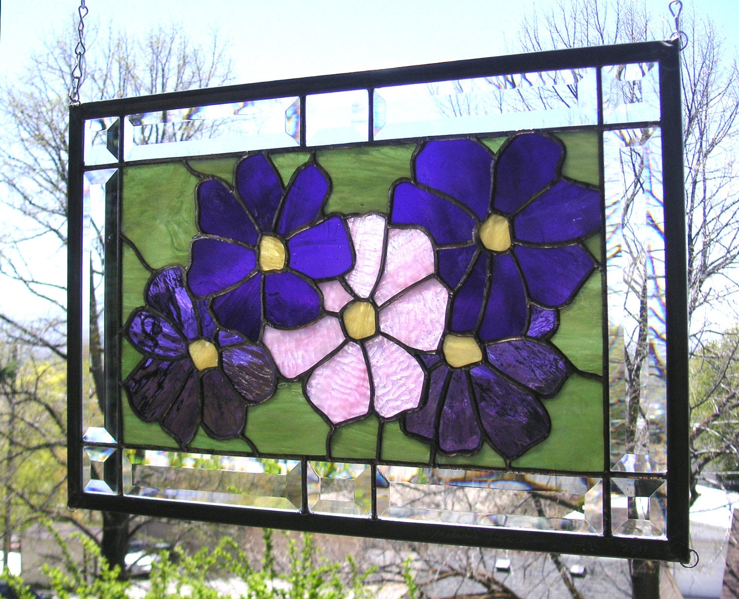 Stained Glass Window Panel--Cosmos Flowers 12" x 18"