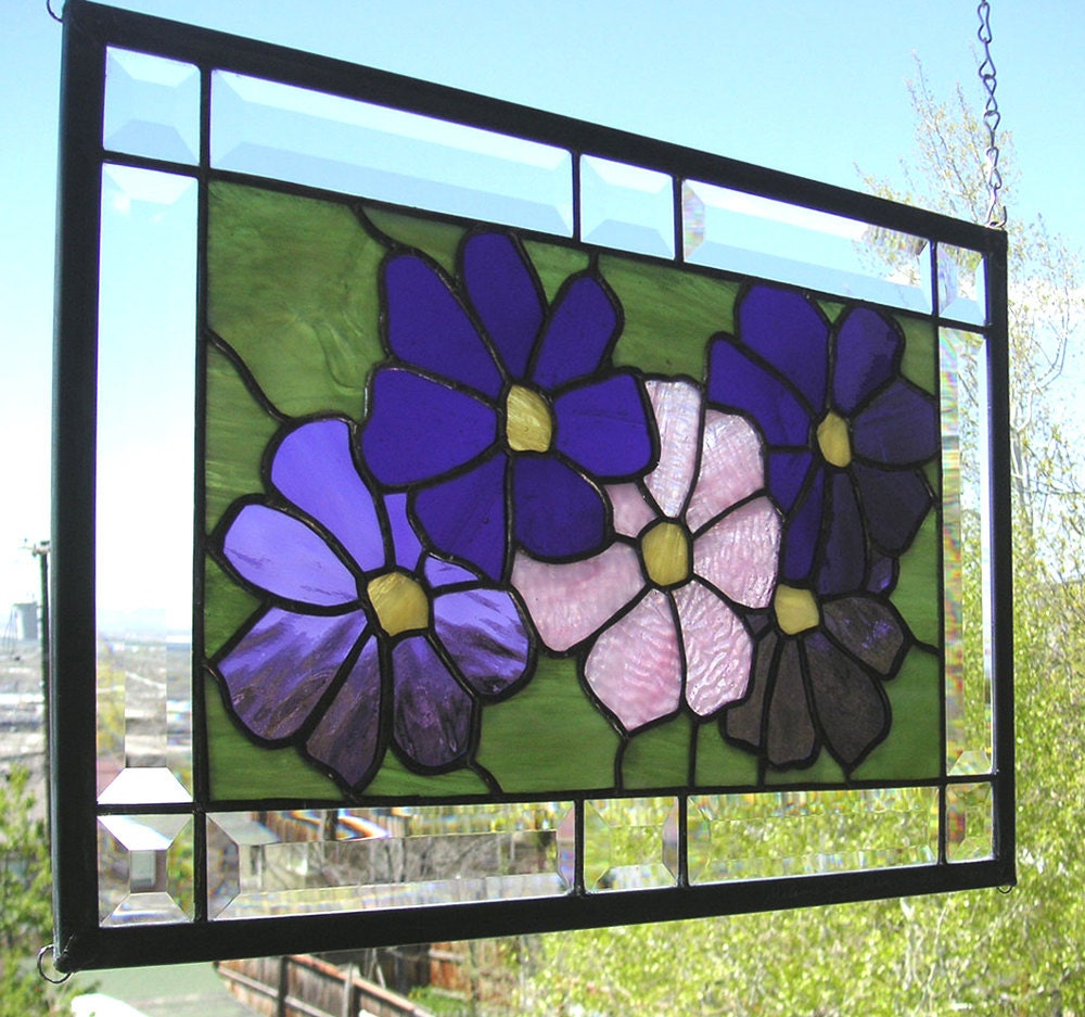 Stained Glass Window Panel--Cosmos Flowers 12" x 18"