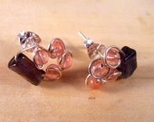 Sterling silver stud earrings post earrings iolite cherry quartz semiprecious stones- Peaches on a Clear Day