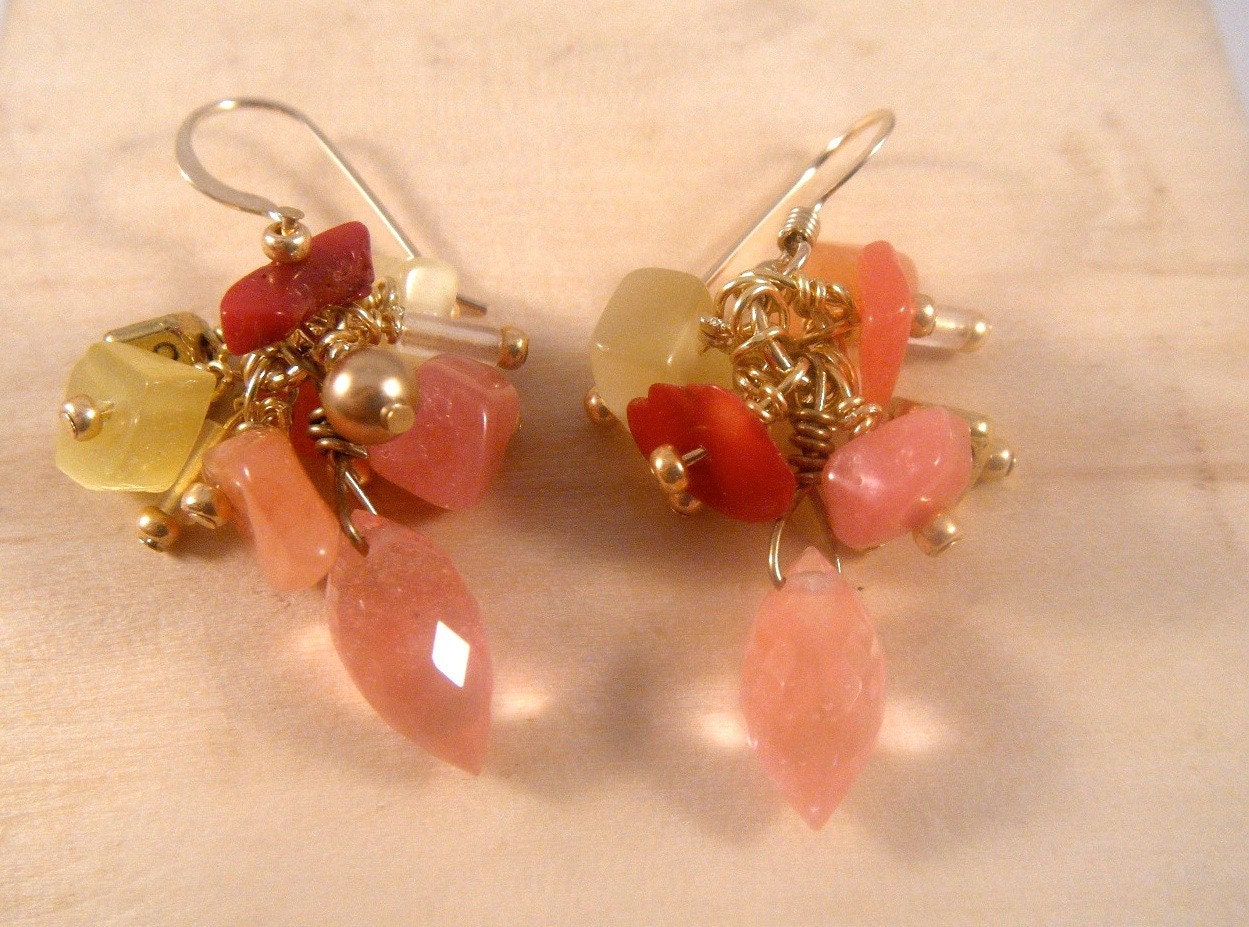 SALE Summer Fruit cluster earrings with semiprecious stones 14K gold vermeil