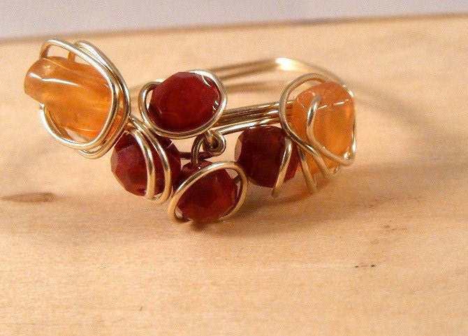 Cluster wire wrapped ring strawberry orange fire agate carnelian semiprecious stones in 14K gold vermeil