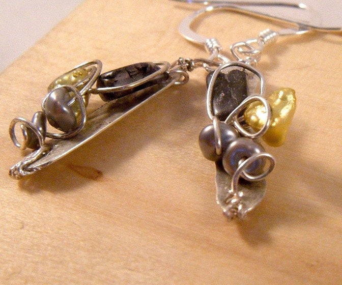 Earth's Delight wire wrapped keshi pearls iolite earrings hammered sterling silver