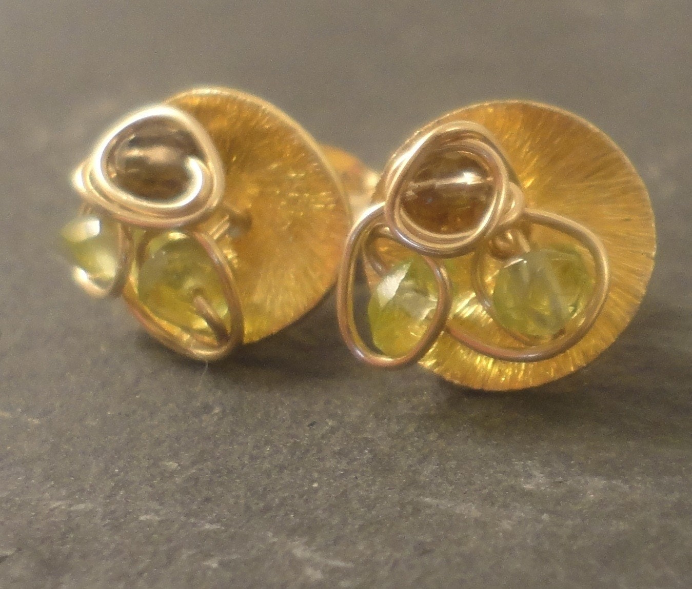 14K gold vermeil stud post earrings mini Lily Pads peridot smoky quartz semiprecious stones