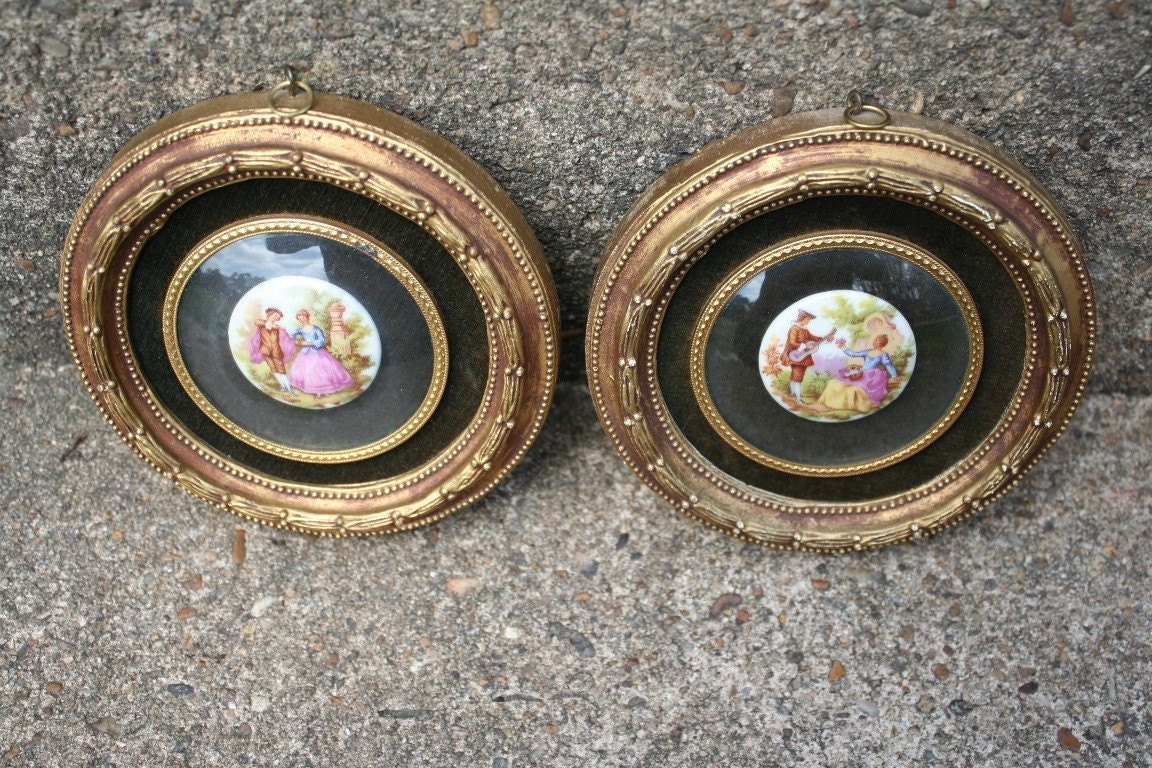 Pair of Victorian Cameo Like Vintage Wall Art Decor Hangings Set In Dark Velvet Gold Framed