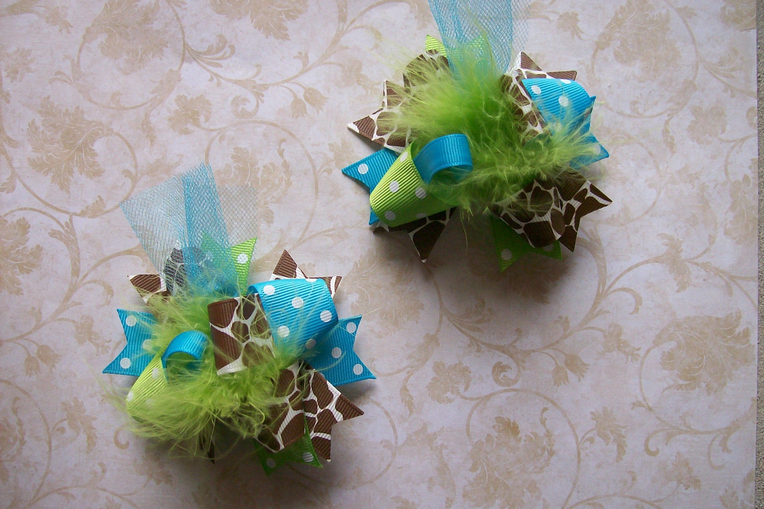 M2M Mud Pie Wild Child Giraffe--Hair Bows Set of 2---Mini Funky Fun Over the Top Bows---Giraffe Print---Lime---Turquoise