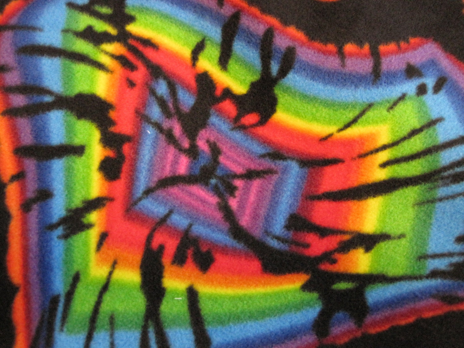 Ready to Ship Now - Wavy, Swirly Shapes in Rainbow Colors on Black with Blue Couch Throw