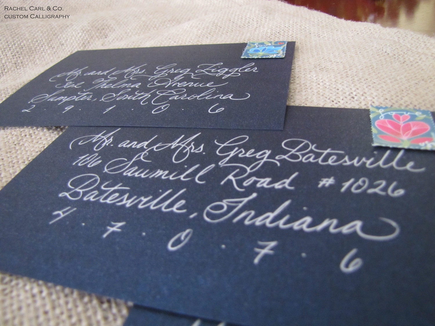 Custom Calligraphy Wedding Hand Addressed-Blue Envelopes with Silver ink