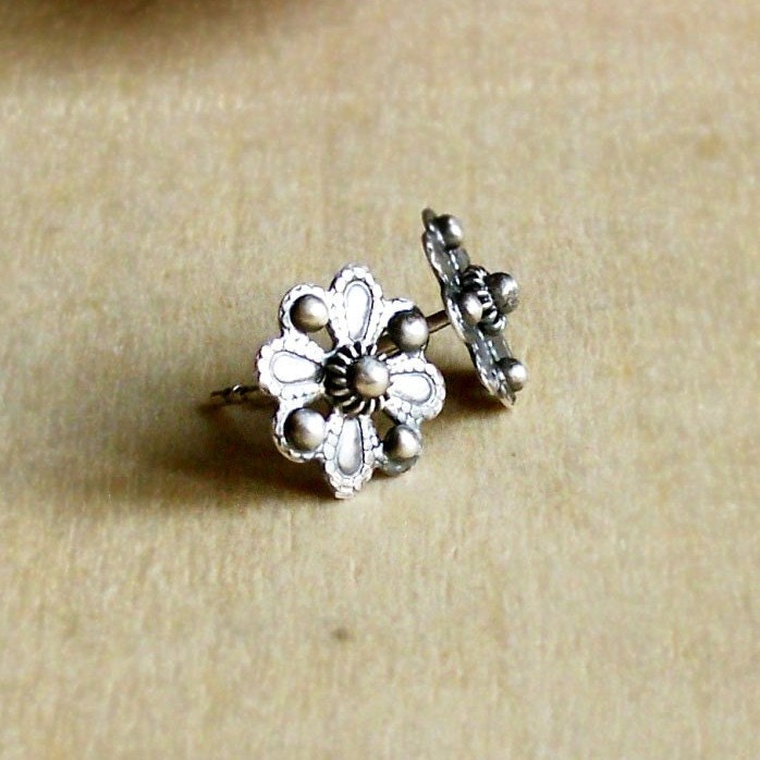 Flower studs, small earring studs, silver post earrings, rustic, flower earrings, metalsmithing metalwork