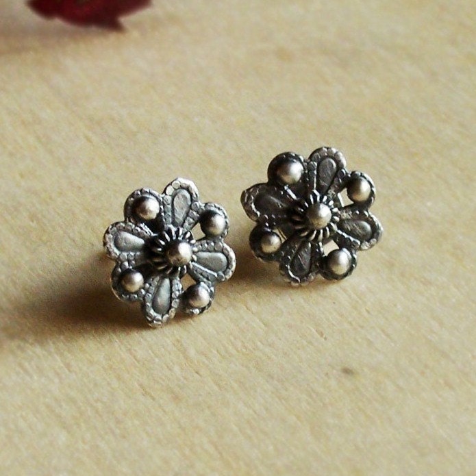 Flower studs, small earring studs, silver post earrings, rustic, flower earrings, metalsmithing metalwork
