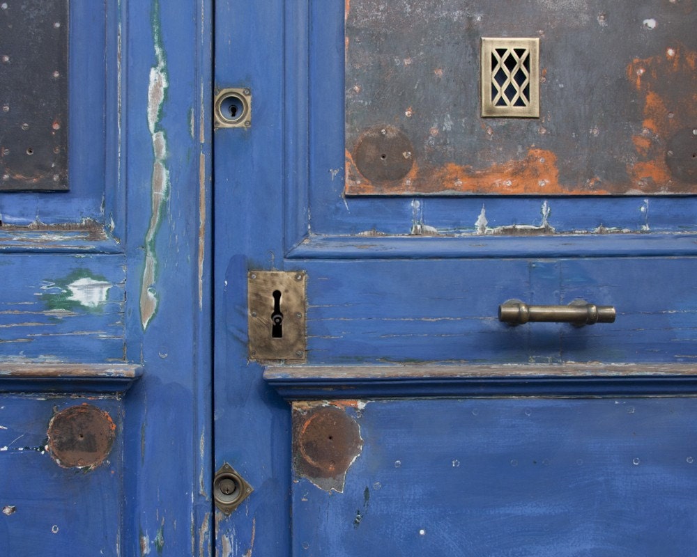 Blue door still life color photography print France 8x10 French rustic Home decor monochromatic wall decor poster