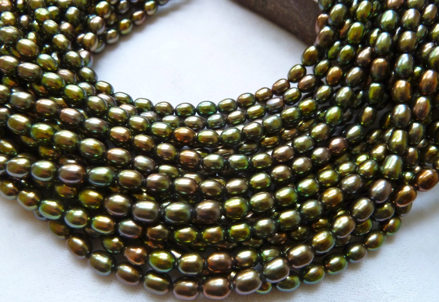 Peacock Freshwater Pearls (Full Strand) - 4 to 4.5mm - Forest Green Rice -  Fine Quality