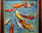 Koi Art Print, Feng Shui Art, Fish Art,  "Koi in Lotus Pond"  16x20 Matted Print