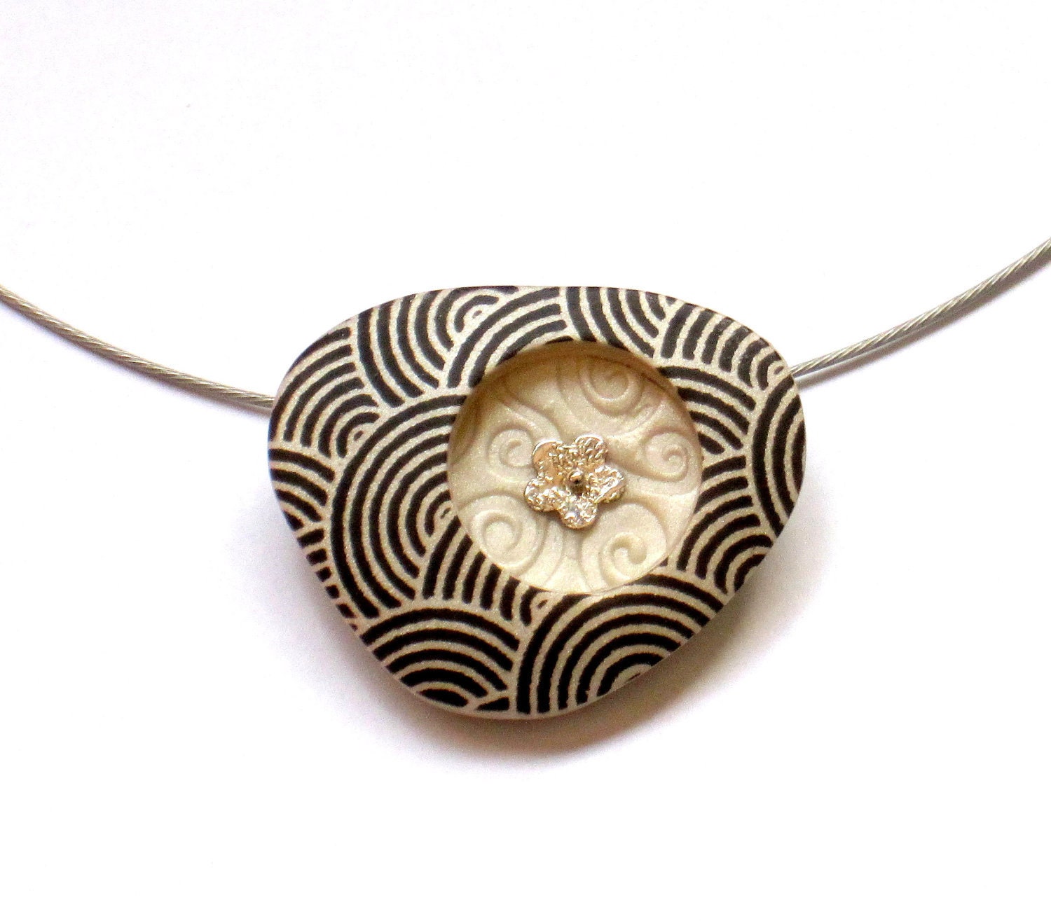 Polymer Clay Pendant Necklace Modern Art jewelry black spiral print on pearl triangle shape - OrlyFuchsGalchen
