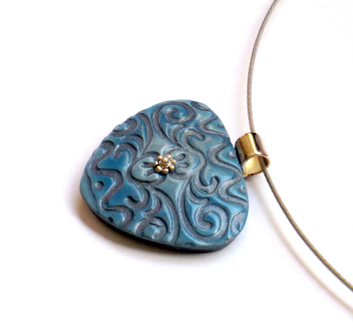 Polymer Clay Pendant necklace denim blue and silver textured triangle Unique Handmade Jewelry
