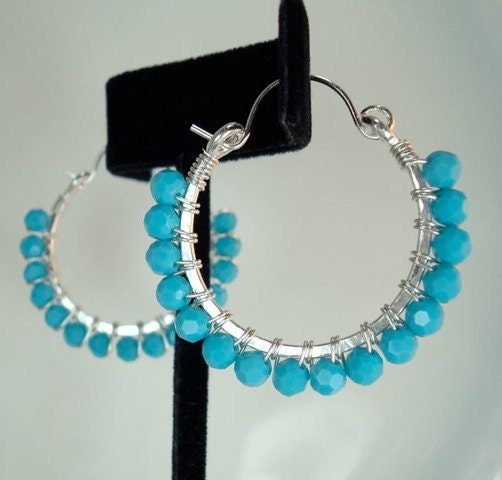 ON SALE  Turquoise Crystal Wire Wrapped Hoops