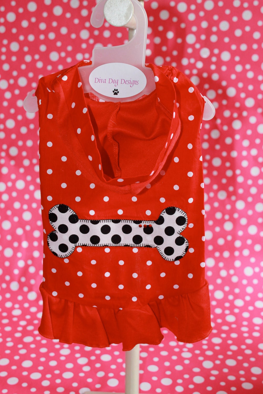 Large Red and White Polka Dot Hoodie Dress with Appliqued Bone