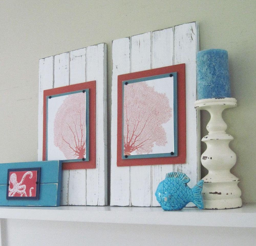 Set of 2 Large and Long Framed Sea Fan Prints 14x24 White and Orange Plank Frames for 8X10