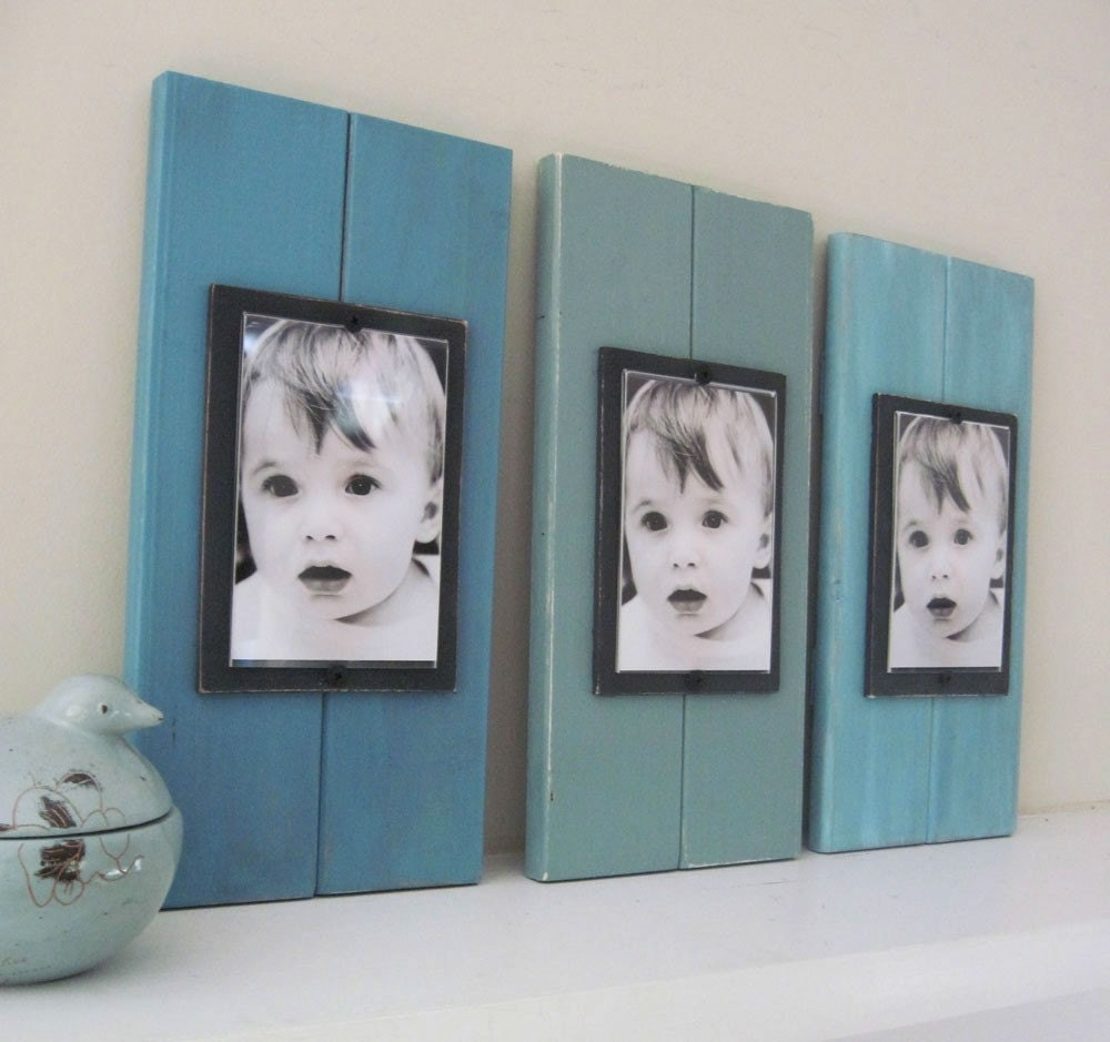 Set of Three Plank Frames with Shades of Turquoise  for 4X6 Pictures