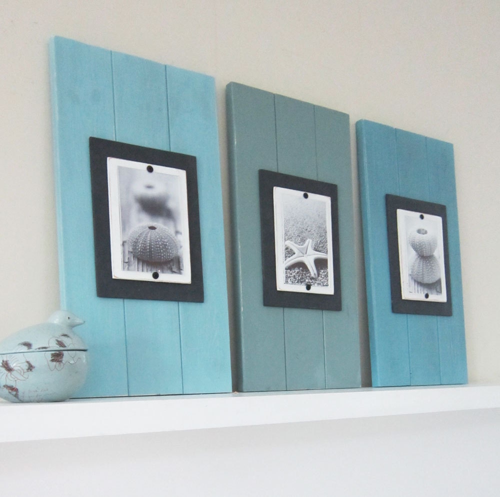 Set of Three Long Cottage Plank Frames with Shades of Turquoise for 4X6 Pictures