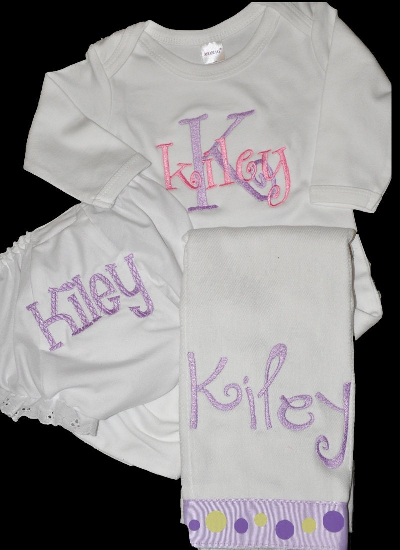 Personalized Baby Shower Gift Gown Burp and Bloomer
