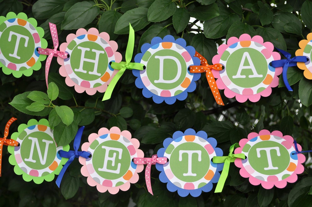 Happy Birthday Banner - Colorful Polkadots - Blue, Pink, Orange and Green - Birthday Party Decorations