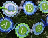 Boys Birthday Banner - Turtle - Preppy Plaid - Blue, Green - Personalized - Boys Birthday Party Decorations