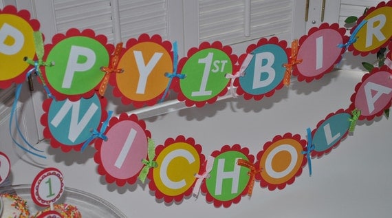 Happy 1st Birthday Banner - Colorful Bubblegum Theme - Birthday Party Decorations