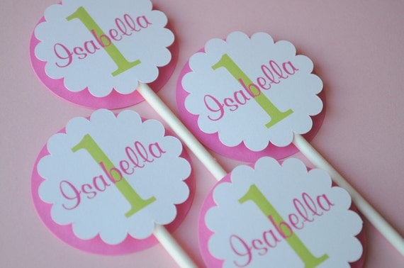 12 Cupcake Toppers - Girl's 1st Birthday Party Pink and Green - Personalized