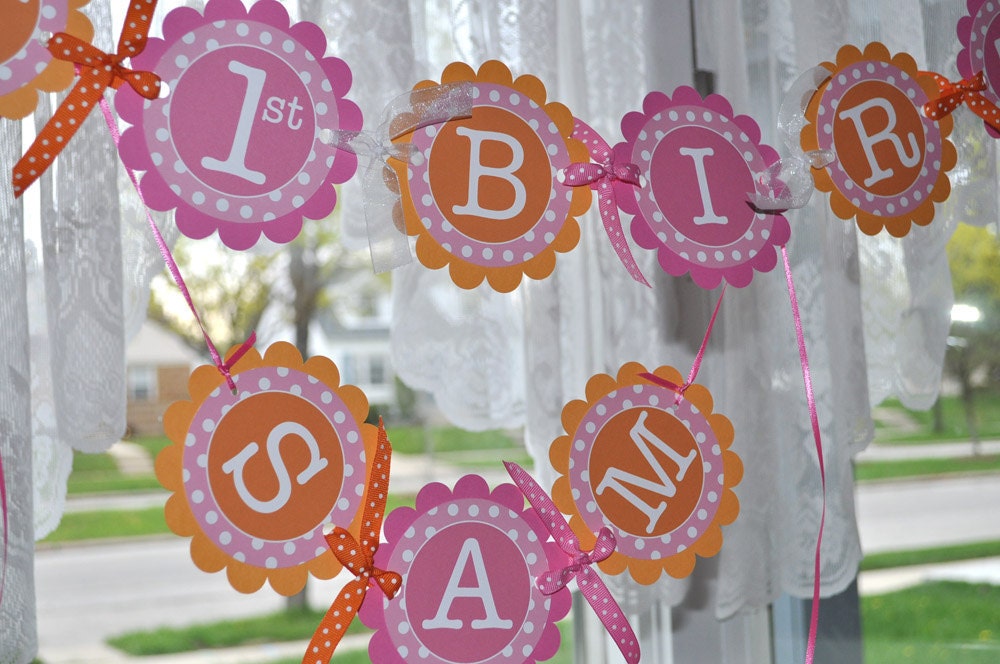 Birthday Banner - Girls 1st Birthday Party Decorations - Orange, Pink and White Polkadots