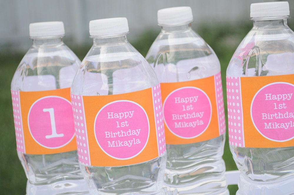 10 Water Bottle Labels Personalized - 1st Birthday Party Decorations - Orange, Pink and White Polkadots