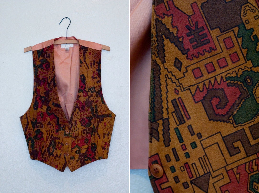 SALE Vintage Leather Vest with Geometric Print Suede
