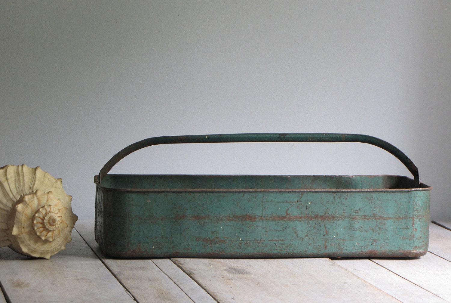 vintage industrial green metal tote