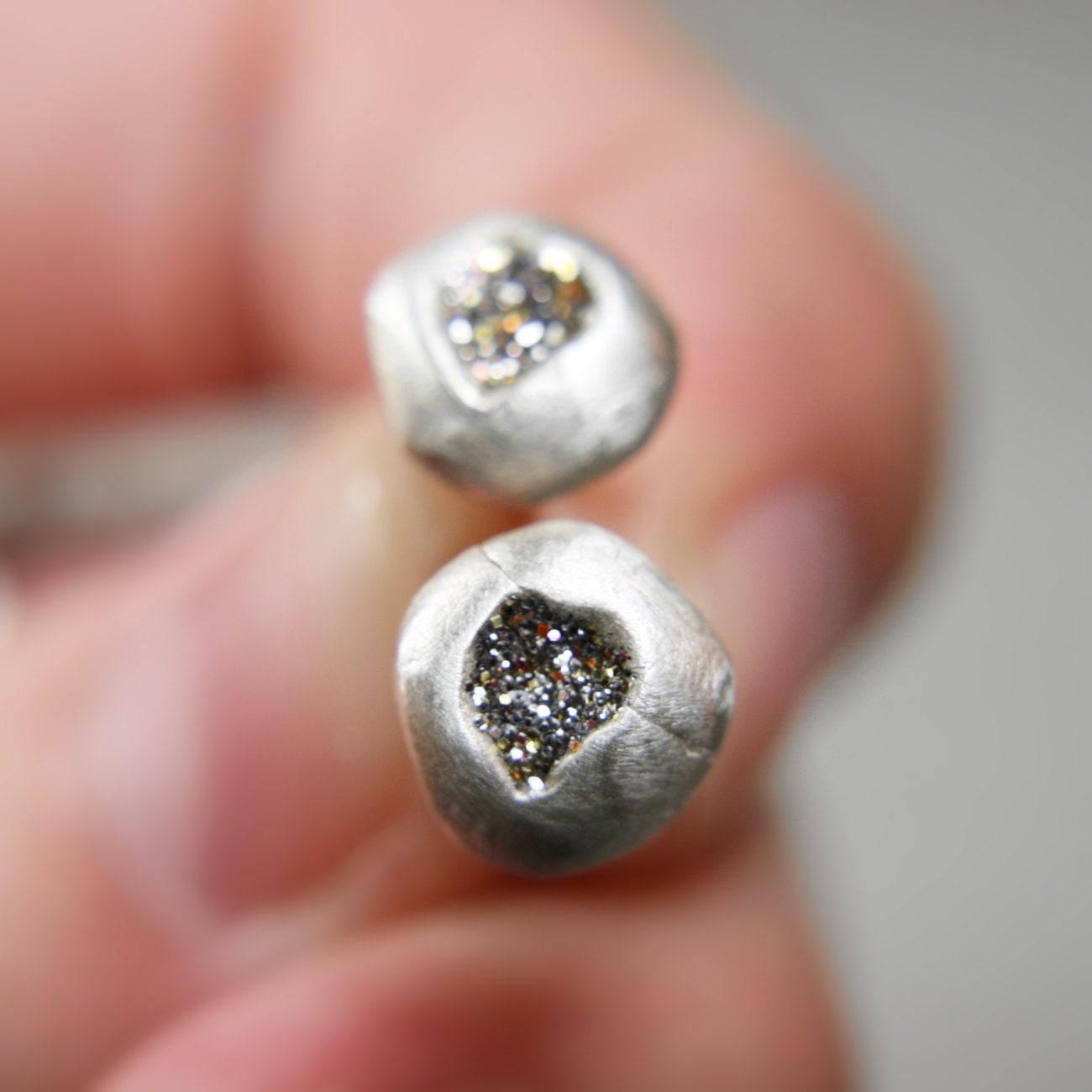 silver pebble studs with gold sparkles - glitter post earrings