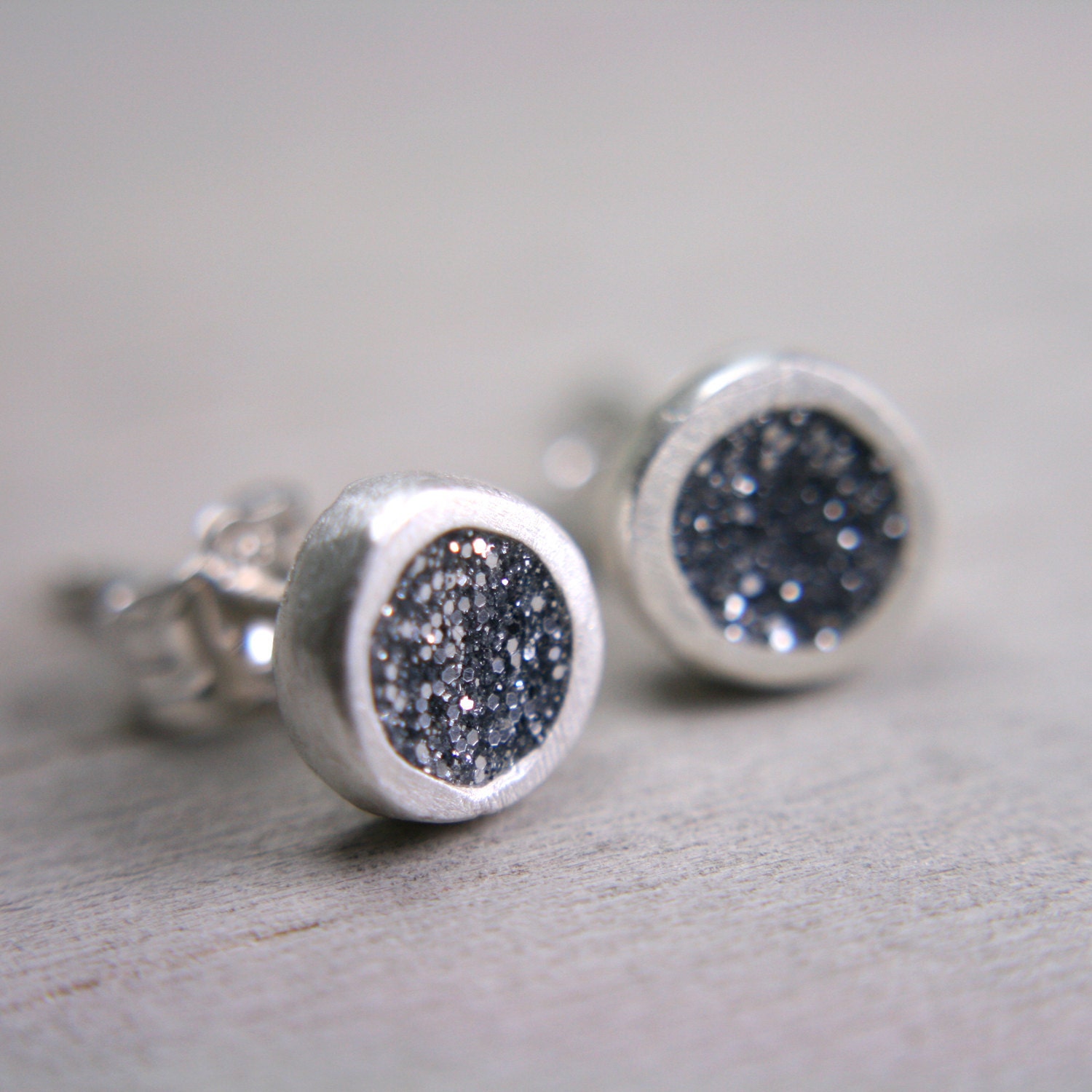 organic silver post earrings with silver sparkles - silver glitter stud earrings