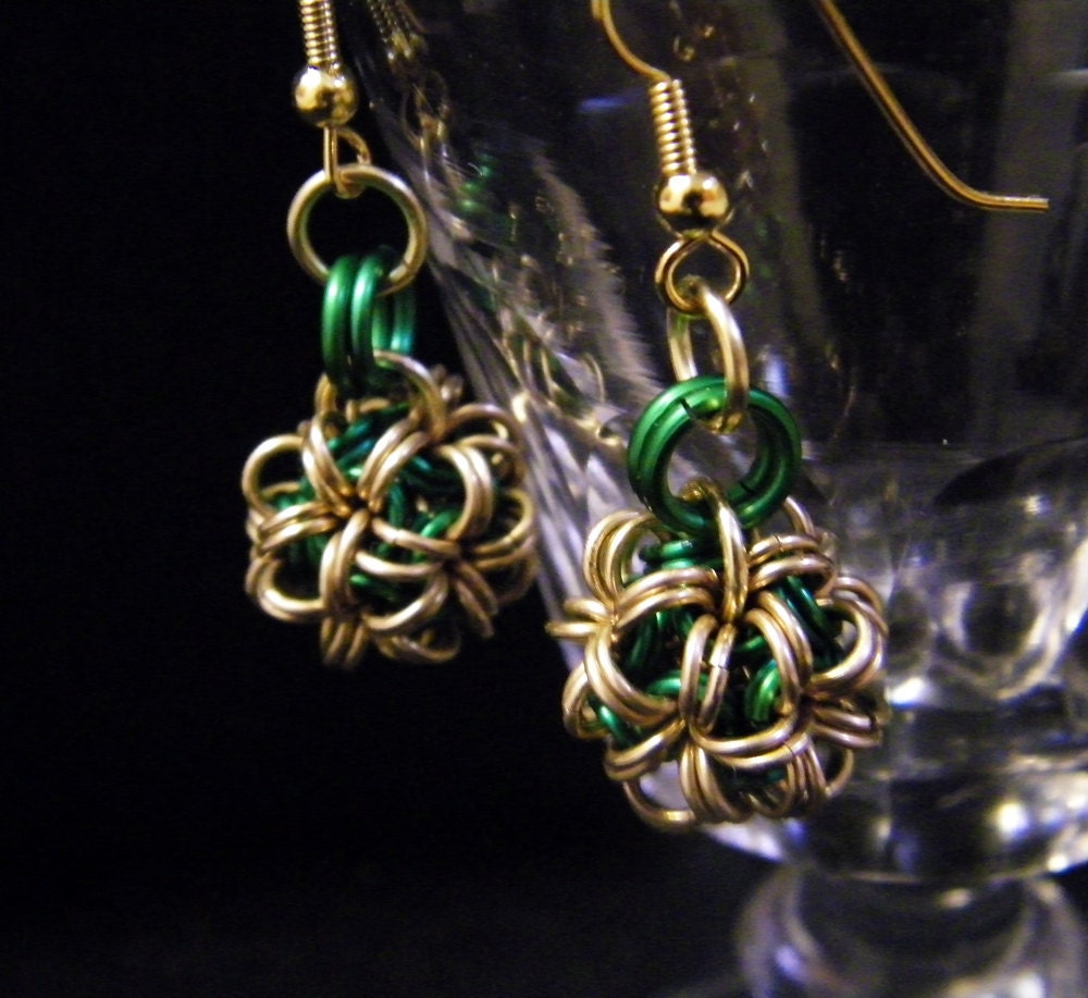 Green and Brass Japanese Ball Earrings
