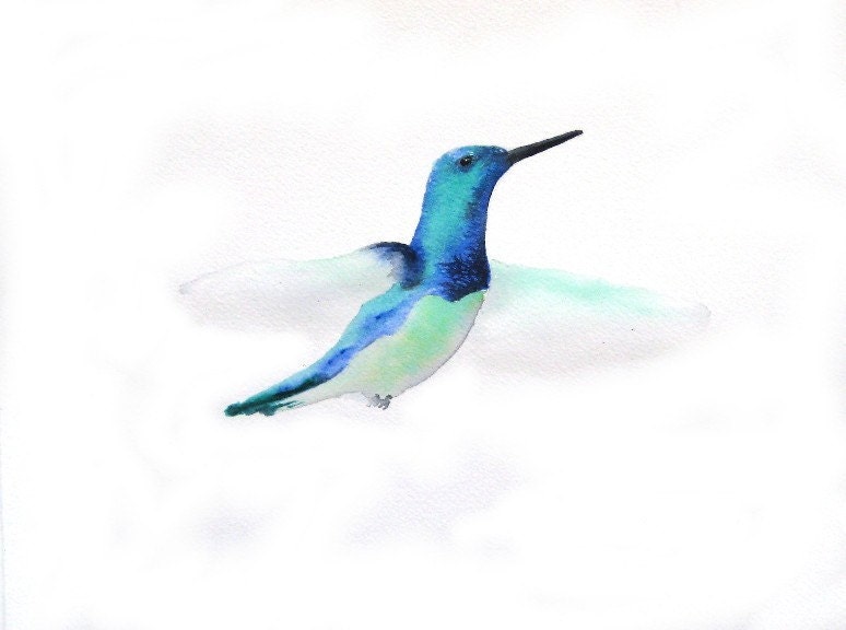 Flutter - Blue Green Hummingbird -   Art Print - paintedbliss