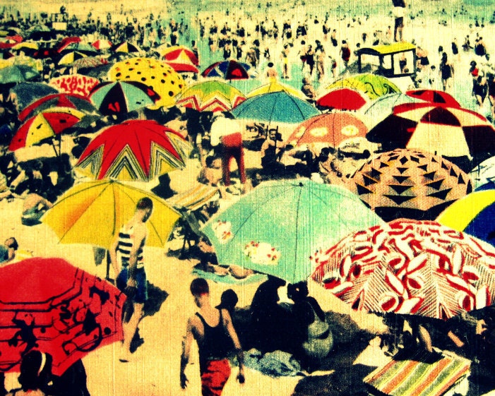 Beach umbrellas photograph  DECO BEACH 11x14 photo decor 1930s art deco vintage red aqua yellow coastal beach lover gift Nostalgia