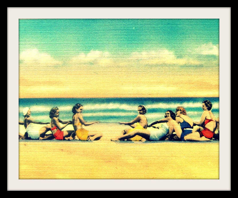 8x10 photograph beach print TUG o WAR 1940s red aqua yellow Florida coastal home decor vintage summer girls beach lover gift