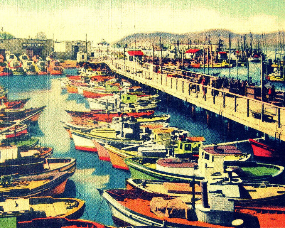 color photograph FISHERMAN'S WHARF 16x20 nautical print San Francisco Ca vintage boats fishing fleet art deco wall decor 1930s blue orange