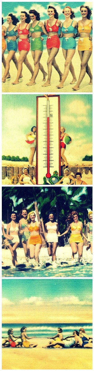 beach photograph BEACH BABES 11x14 print retro decor photo vintage1940s girls red aqua yellow color swimwear wall art beach lover gift