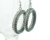 Hoop Earrings, Antique Silver Ball Chain Wire Wrapped over Gray Textile, A Very Stylish Pair of Earrings