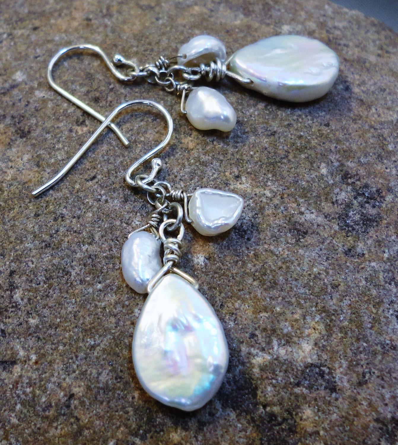 Sale 20 % off - Triple Pearl Earrings - Keishe and Tear Drop Shaped Pearls and Sterling Silver